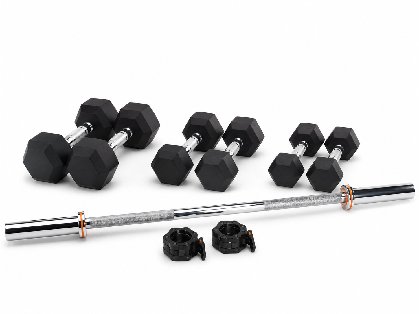 Rubber hex dumbbells with home gym equipment